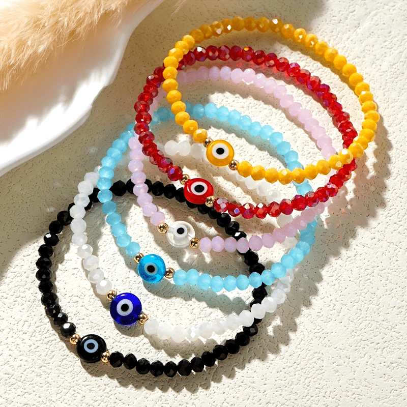 

Bohemian Evil Eye Bracelet Set, 6pcs With Synthetic Crystal Beads - Perfect Gift For , Mixed Colors