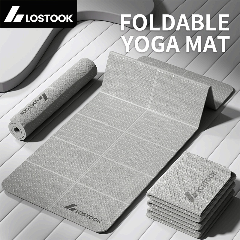Lostook Foldable Yoga Mat, TPE Material, Non-Slip, Waterproof, Lightweight, Solid Color, Grey/Purple/Blue, for Yoga, Pilates, Fitness Training