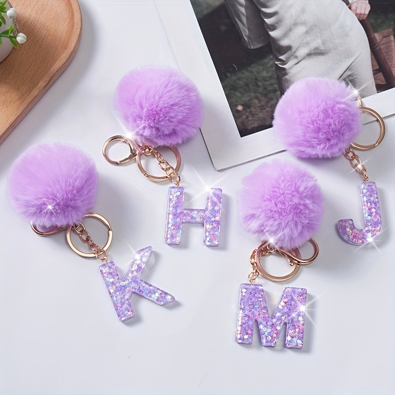 

Purple Pom-pom Keychain Charms With Glitter Resin Alphabet Letters - A-z Initial Keyrings Set, No Feather, Non-electric Party Favors Pack