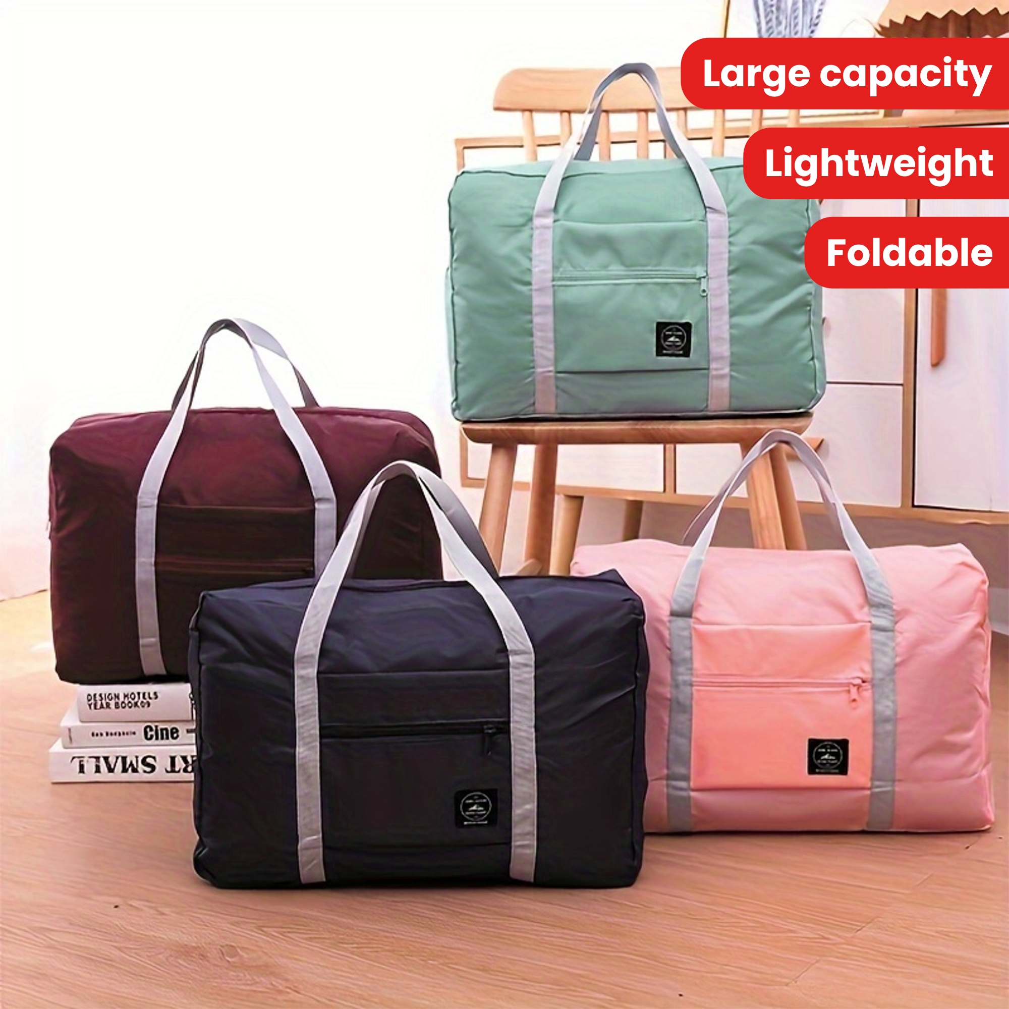 

1pc Large-capacity Foldable Travel Bag With Zipper - Lightweight, Oxford Canvas In Pink/red/black - Ideal For Gym, Overnight & Carry-on Trips