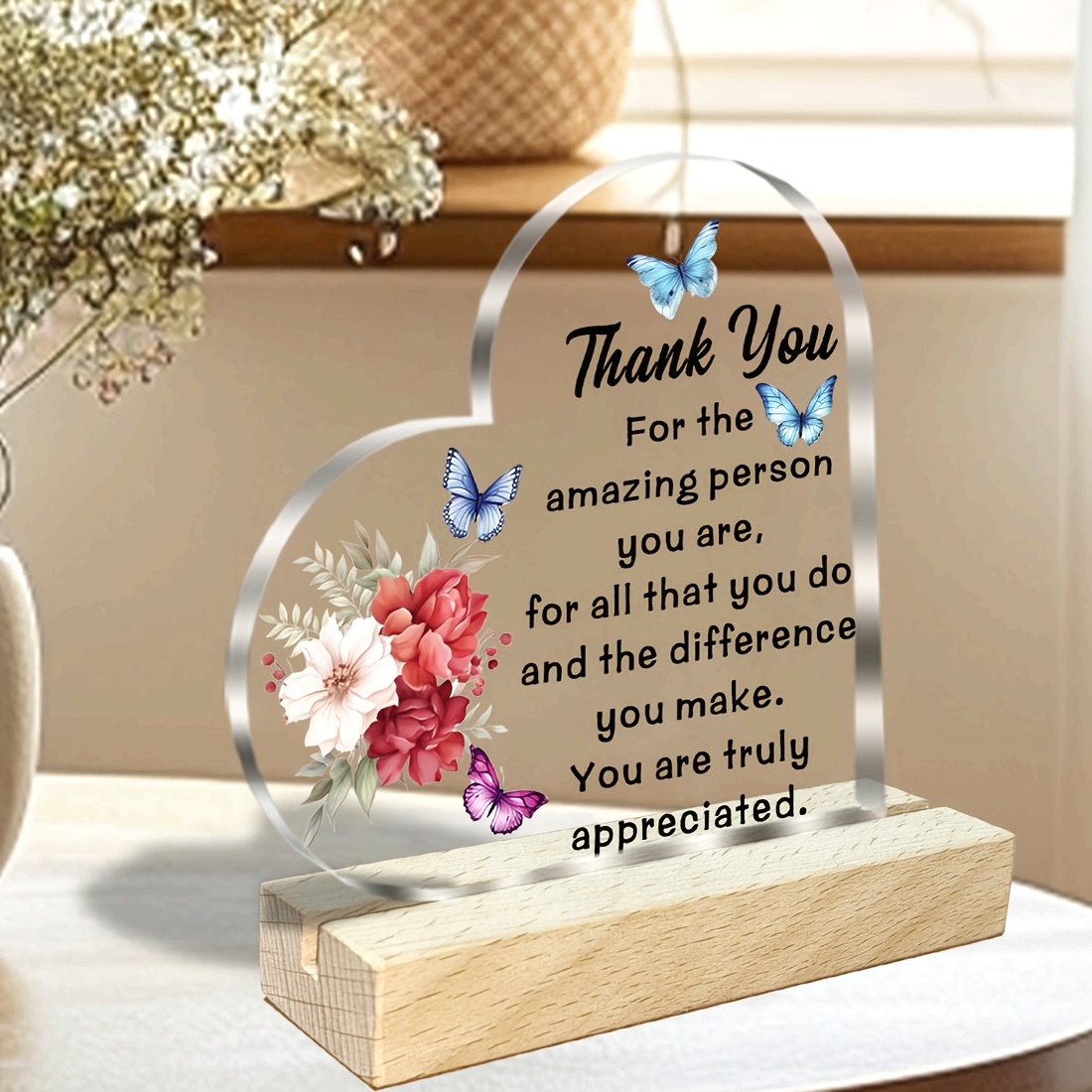TEMU 2d Flat, Heart-shaped Acrylic Plaque With Wooden Base - Elegant Suitable For Women, Teachers, Desk Decor - Tabletop For Office Decoration, Gift,
