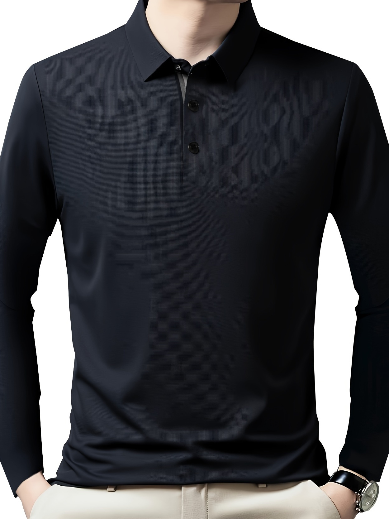 Büyük Beden Erkek Düz Renk Golf Gömleği - Günlük Uzun Kollu, Yaka Yaka ile Esnek Fit Sonbahar/İlkbahar için