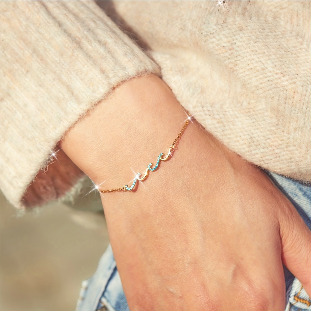 Elegant Boho Chic Blue Sea Wave Bracelet with Sparkling Cubic Zirconia - Perfect for Everyday & Gift-Giving
