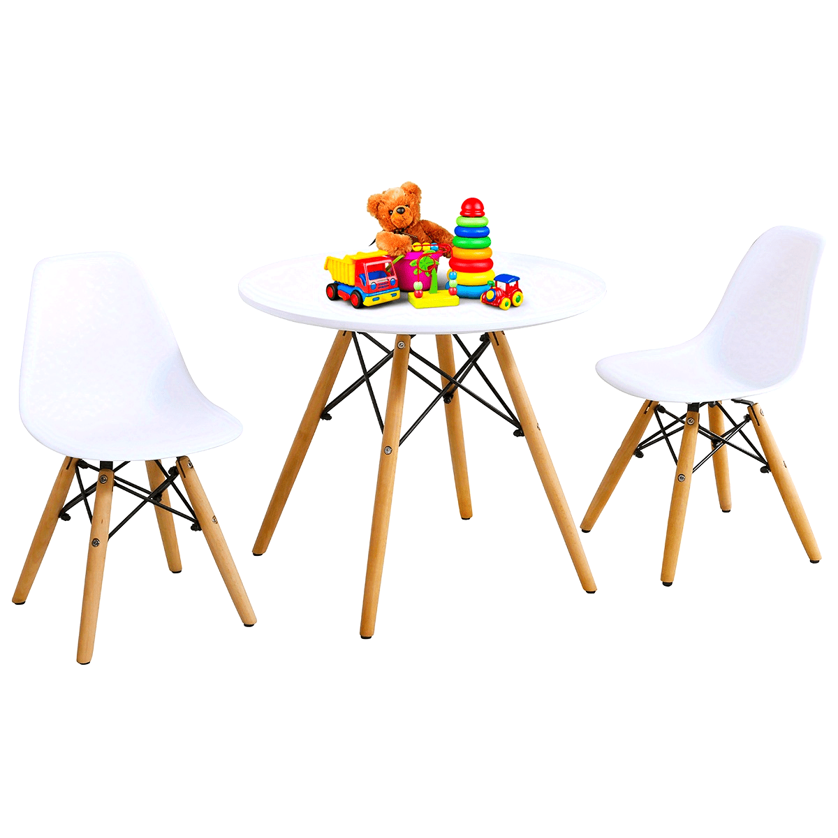 Kids Mid-Century Modern Dining Table Set Round Table with 2 Armless Chairs White