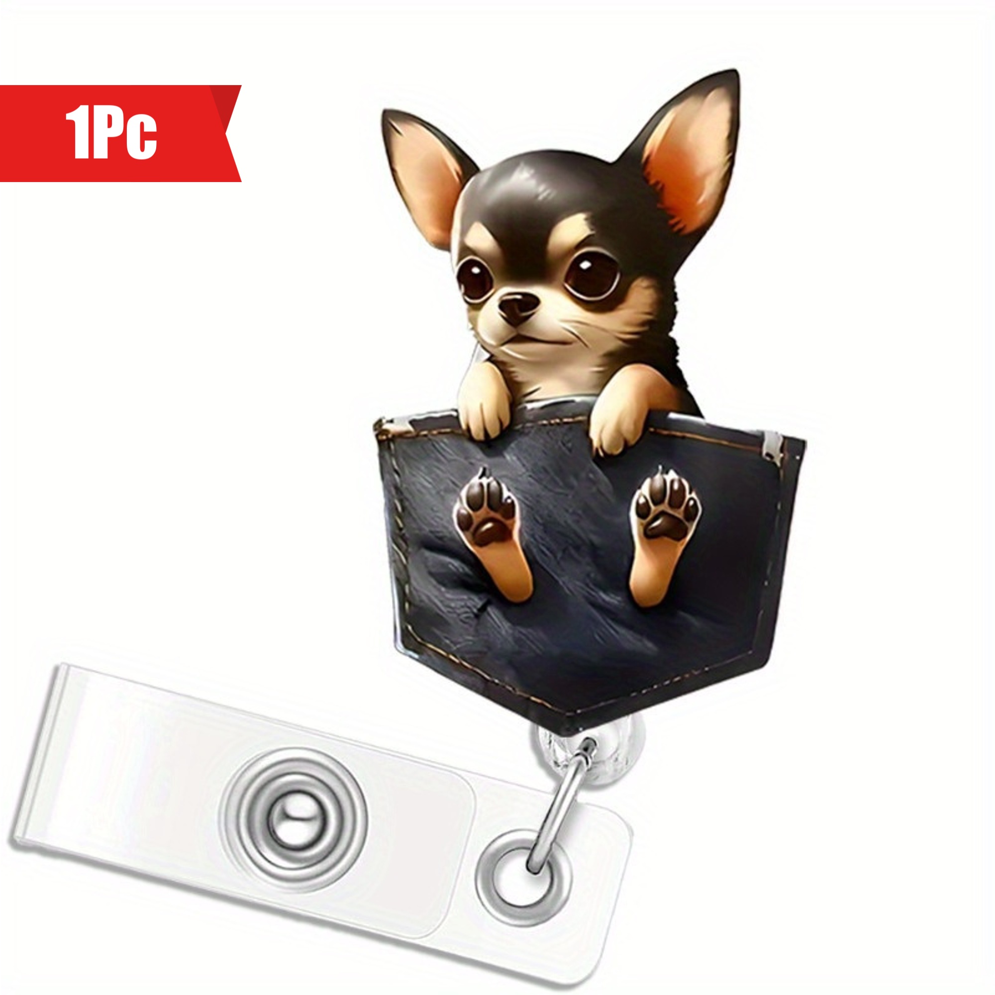 

1pc Adjustable Acrylic Badge Reel With Cute Chihuahua Clip, Ideal For , Nurses, Doctors, Veterinary , , Dog Lovers Gift