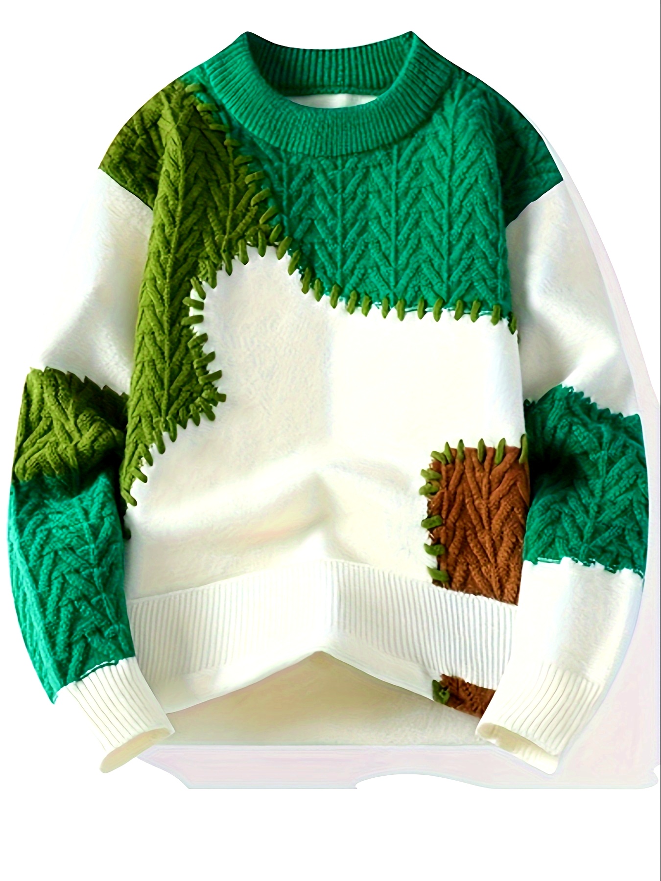 Color: Green Men's Spliced Sweater Warm Comfortable Trendy Versatile Knitwear