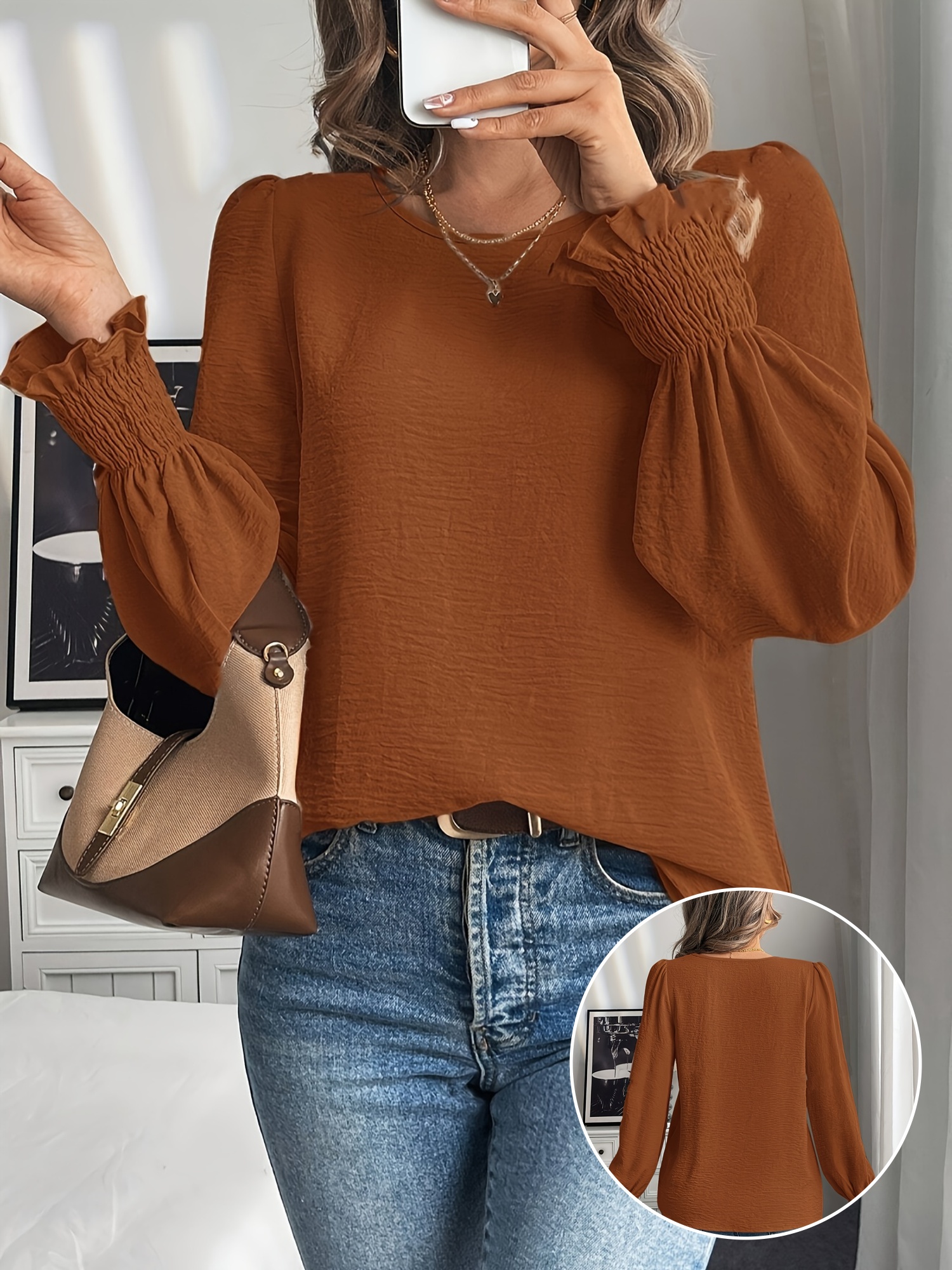 round neck solid color lantern sleeve shirt temu