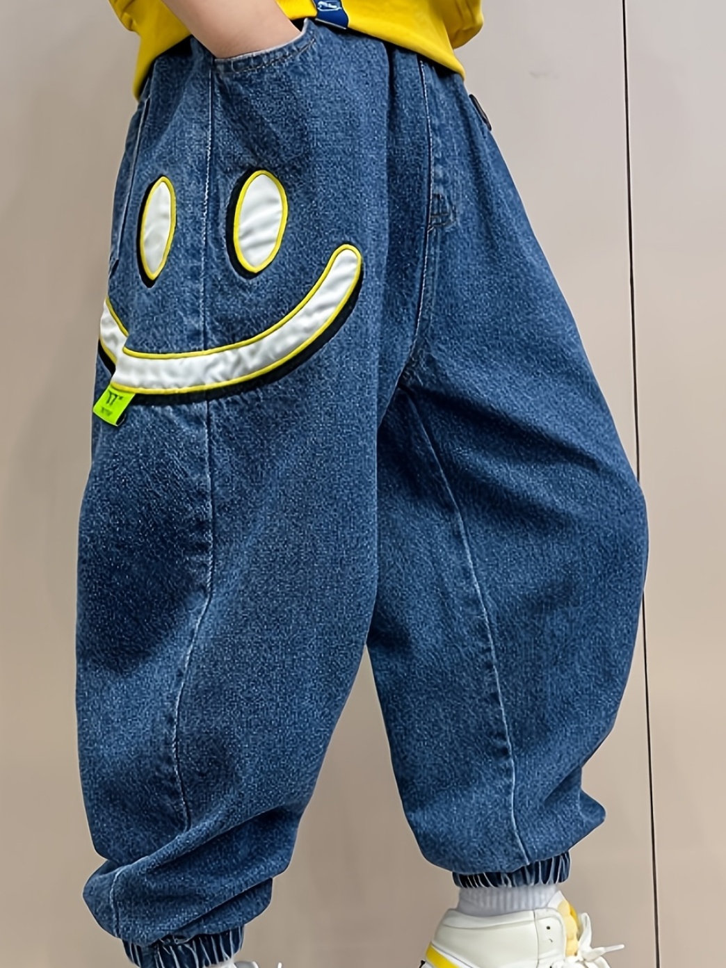 boys retro geometric print denim style pants with elastic waistband   ankle loose fit casual trousers machine washable     for big kids 0
