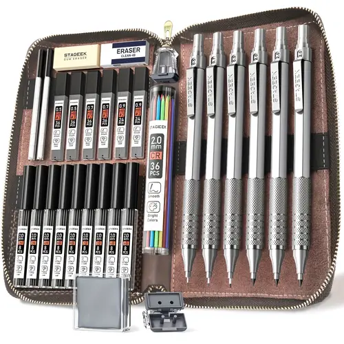 1 set of art metal mechanical pencil set with leather case including 6 art drawing pencils 0 5 0 7 0 9 2 0mm mechanical drawing pencils with 16 boxes of leads etc for writing and sketching silver and black