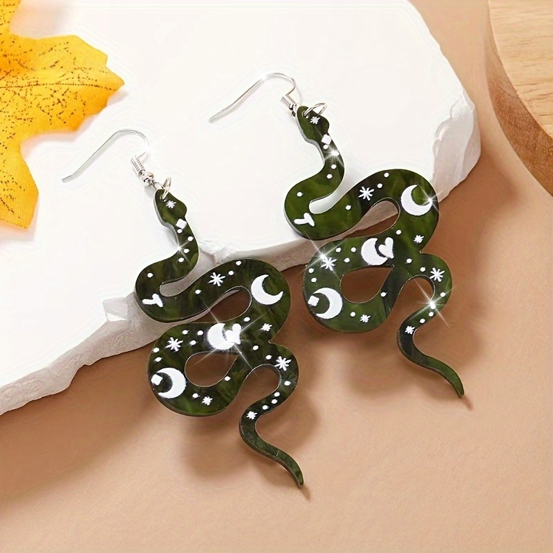 Punk Star & Moon Snake Dangle Earrings Edgy Gothic Jewelry