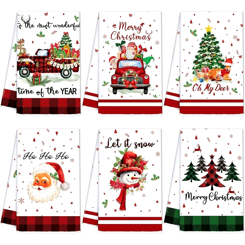 TEMU 6pcs Set 16x24 Inch Christmas Kitchen Towels And Dishcloths, Santa Claus Christmas Tree Snowman Truck Dish Towels, Winter Kitchen Hand Towel Set, Gift, Christmas Party Supplies