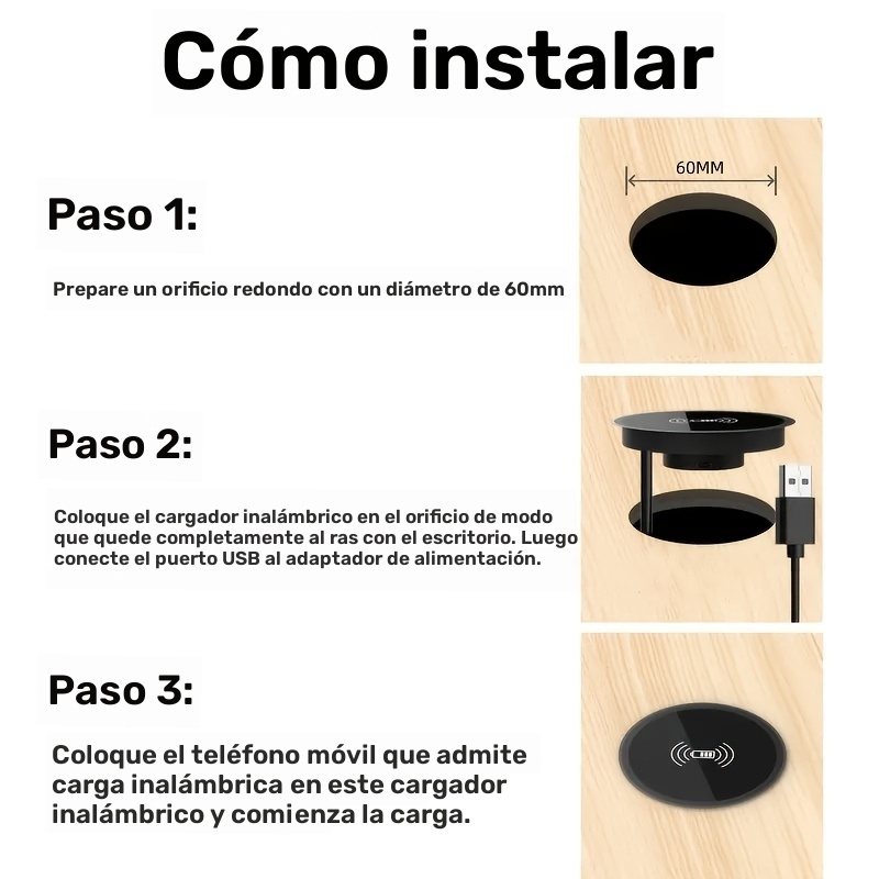Cargador inalámbrico empotrado para escritorio, orificio universal de 60 mm, estándar QI, ideal para muebles inteligentes, oficina, KTV, mesita de noche o escritorio, compatible con todos los dispositivos con función de carga inalámbrica - Imagen 4