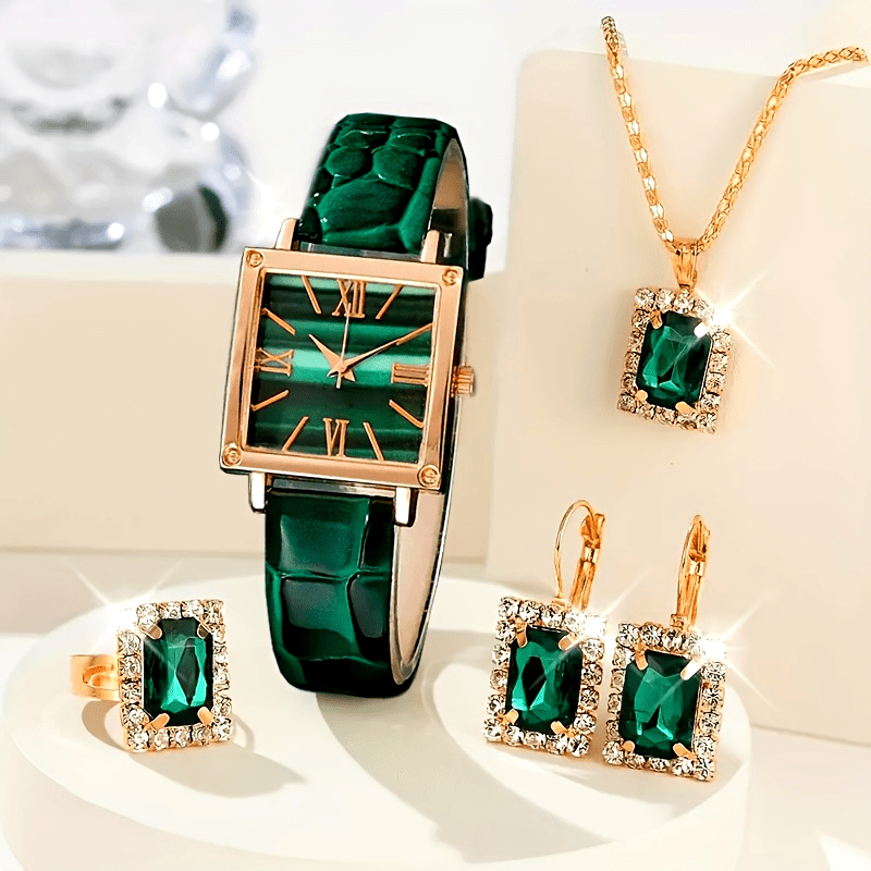 5pcs Set of New Elegant Women's Square Quartz Watches with Exquisite Jewelry