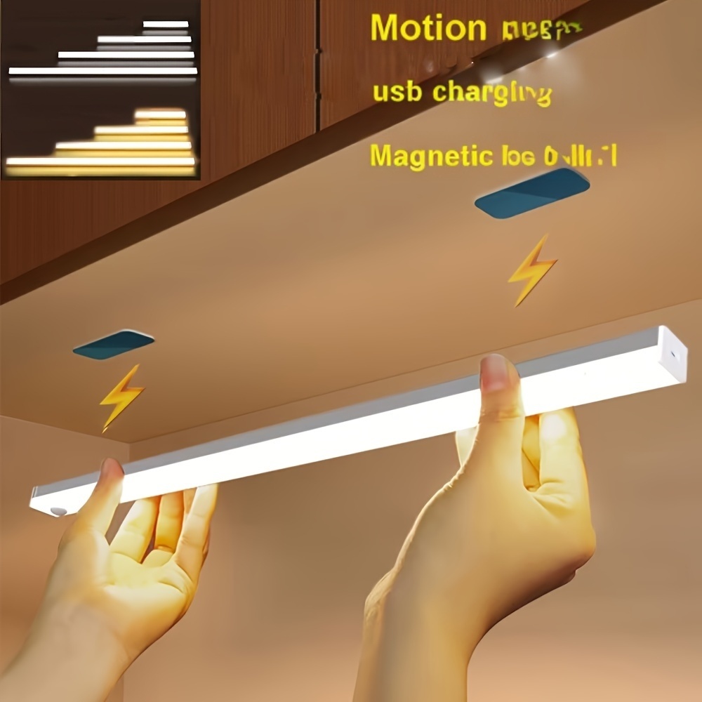 2pcs USB Rechargeable LED Motion Sensor Closet Lights, Magnetic Stick-on Closet Lights with Push Button Switch for Hallway, Kitchen, Staircase, Wall-Mounted Downlight, Freestanding Plastic Solid Color Lights