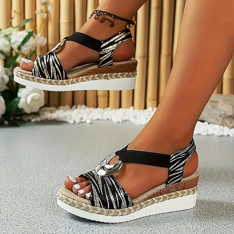 womens strappy back wedge sandals summer casual open toe shoes with metallic accents eva sole fabric upper slip Product details 1