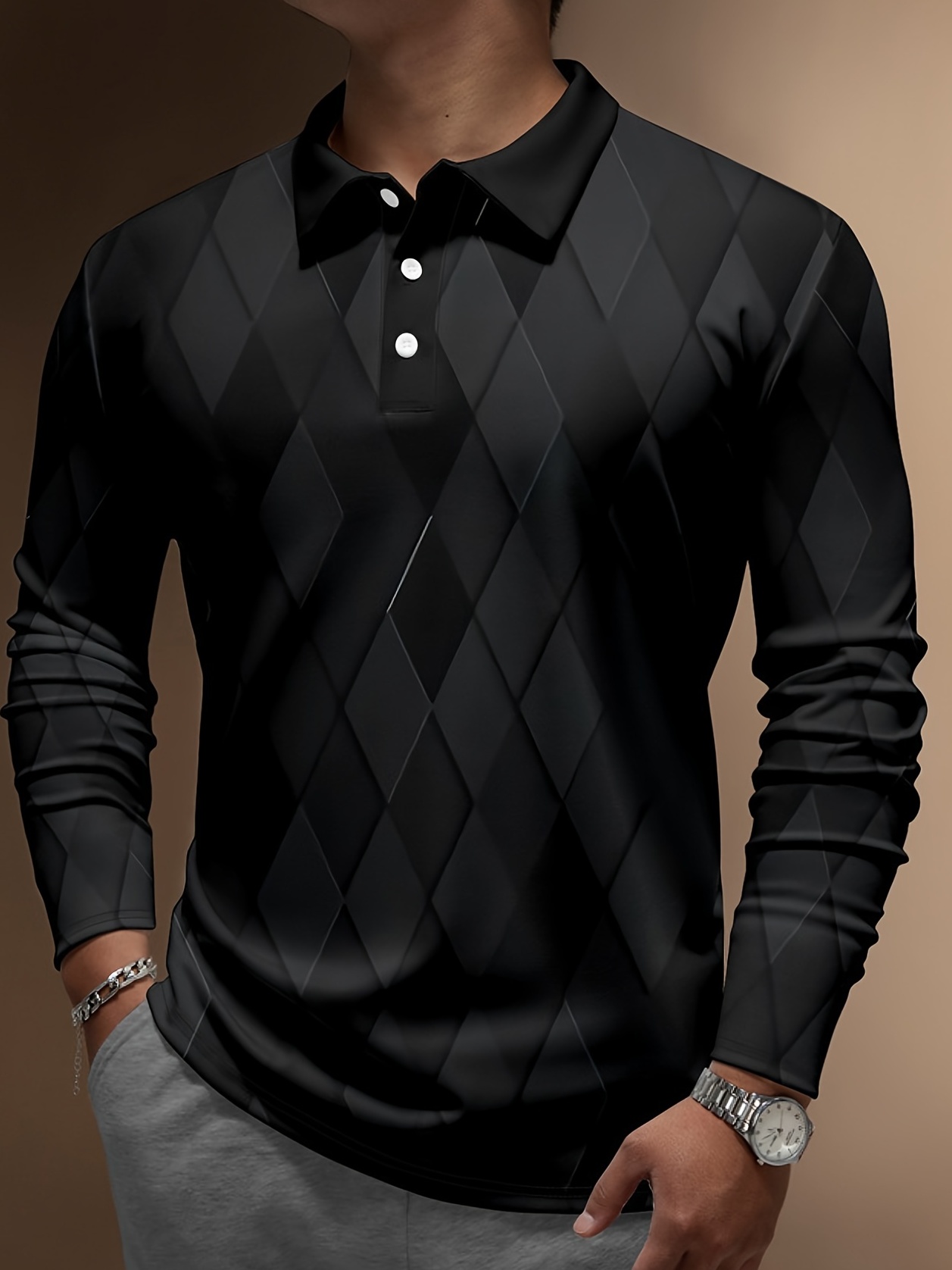 Büyük Beden Erkeklerin Argyle Grafik Baskılı Golf Gömleği Rahat Şık Uzun Kollu Gömlek Bahar Sonbahar için, Erkek Giyim