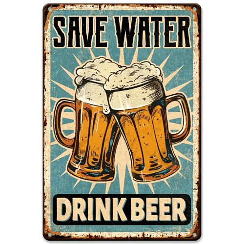drink beer vintage metal wall sign 8x12 inch rustic blue white retro art with foam beer illustration durable iron wall decor for bar garage for man cave gift for beer lovers bar decoration distressed design