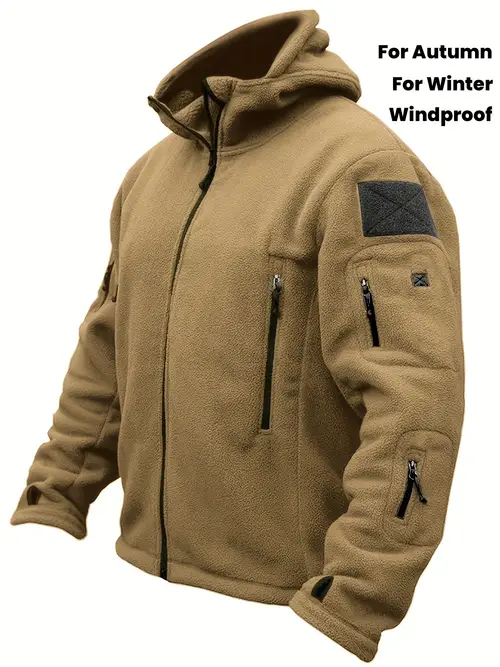 mens cozy fleece jacket zipper hooded windproof coat for autumn and winter mens solid color fleece lined hooded jacket with multiple pockets