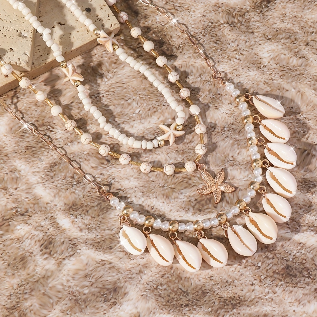Bohemian Ocean Beaded Necklace Set with Shell Chain