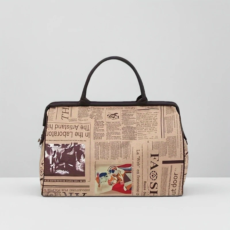 stylish travel bag with unique newspaper print and removable clutch for women your perfect travel companion details 2