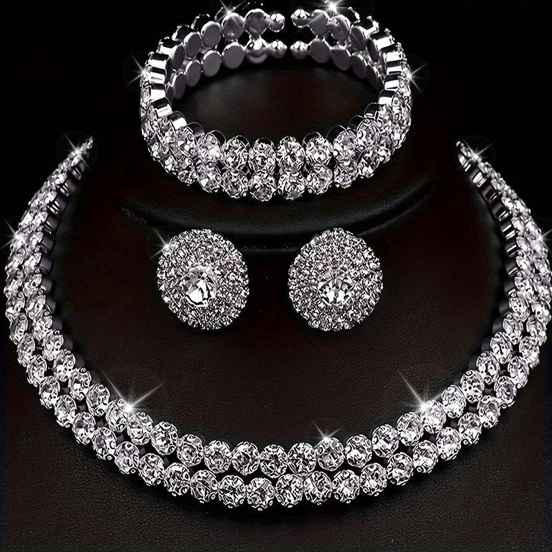 

4pcs Sparkling Rhinestone Jewelry Suit-shiny Luxury Earrings, Necklaces And Bracelets Jewelry Suit-ideal For Everyday Wear And Party