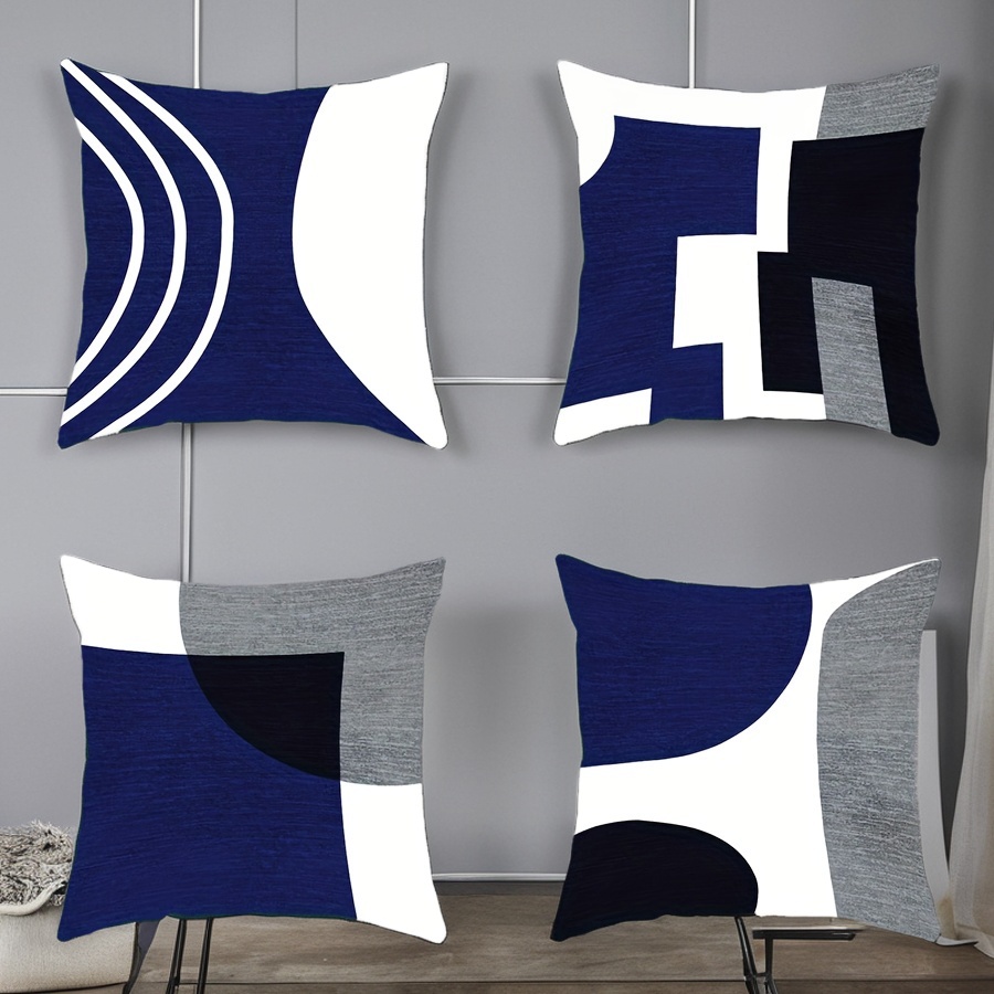 

4-pack Modern Bohemian Abstract Geometric Throw Pillow Covers, Navy Blue Black Grey White, Machine Washable Polyester, Zipper Closure, Woven Velvet Single-sided Print For Room Decor