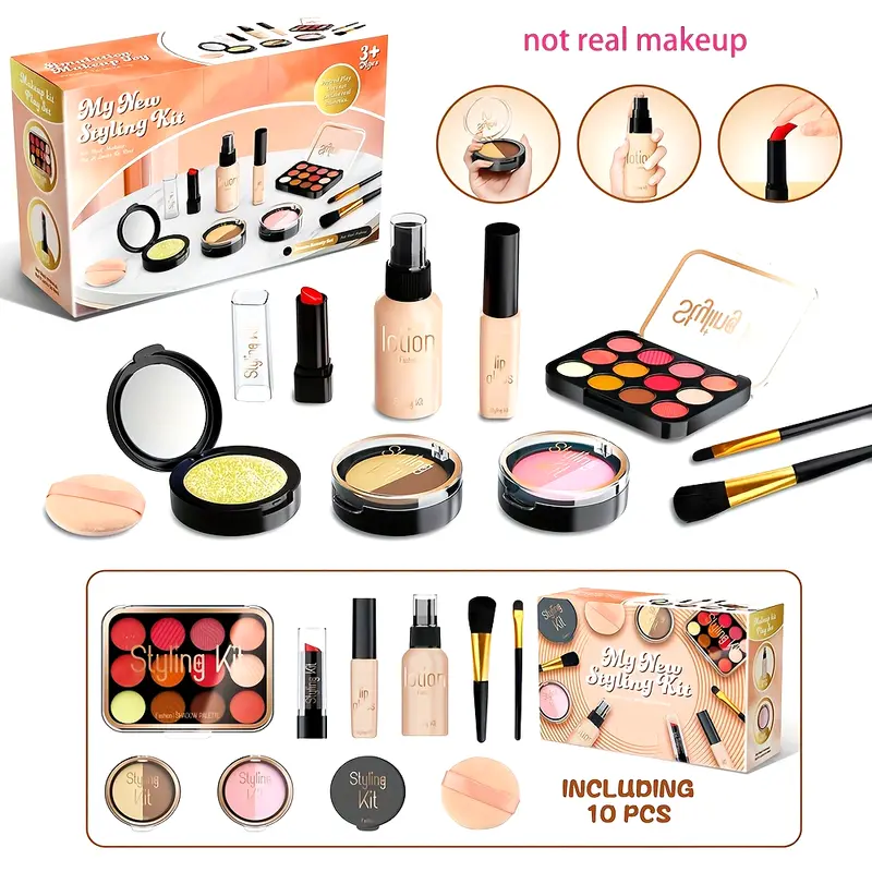 childrens makeup set girl dress up game simulation cosmetics set 10pcs set with pc material eye shadow palette powder compact lipstick powder puff toddler pretend makeup toy suitable for birthday party games and makeovers gift for little girls birthday gift non no liquid only simulation details 1