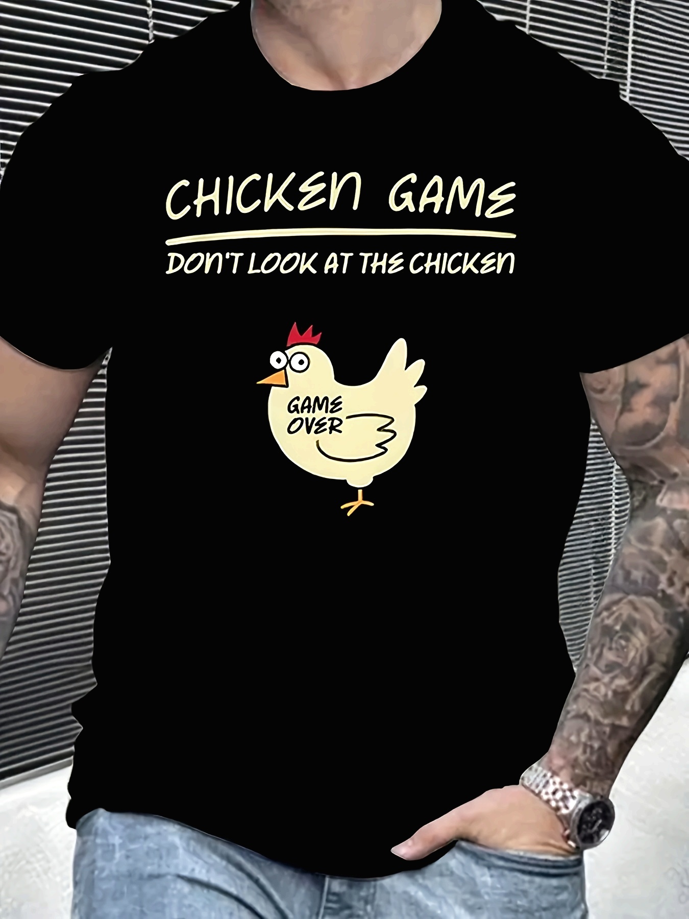 mens dont look at   graphic t shirt   style stretch fabric round neck summer top with chicken illustration chicken shirt black 0