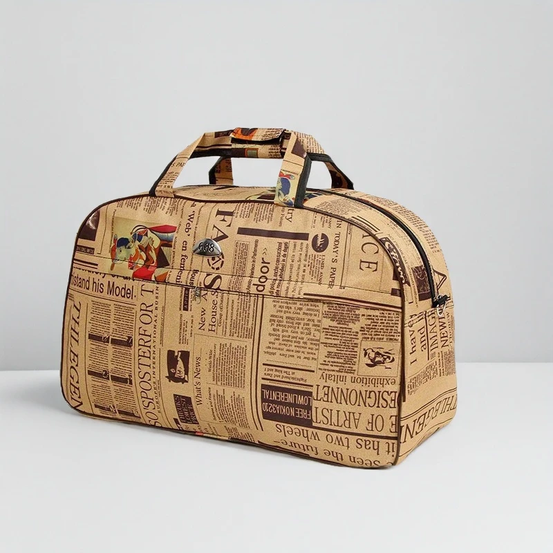 stylish travel bag with unique newspaper print and removable clutch for women your perfect travel companion details 3