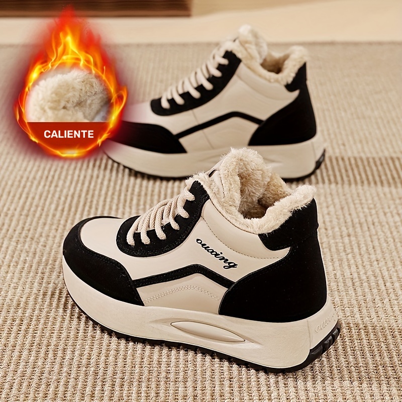 Botas de invierno para mujer, tenis altos con forro polar antideslizantes y cálidos, zapatos casuales gruesos y cómodos, botas cortas con forro de felpa, color sólido, tacón plano, cierre de cordones, suela de TPU, interior y plantilla de tela, estilo deportivo, cómodas para todas las temporadas