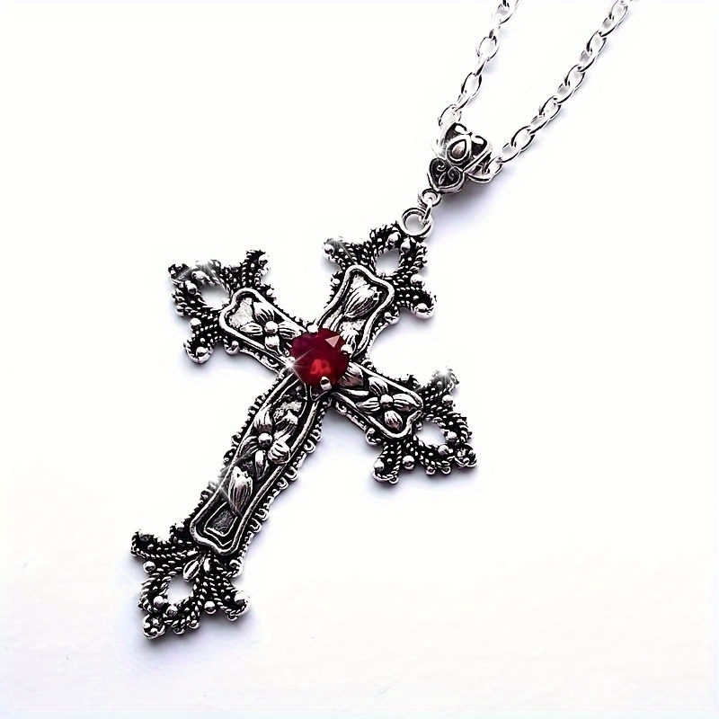 Creative Flower Pattern Cross Inlaid Synthetic Gemstone Necklace