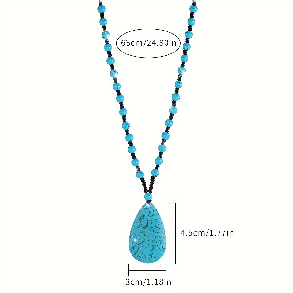 Boho Turquoise Teardrop Pendant Necklace with Beads & Cracked Stone