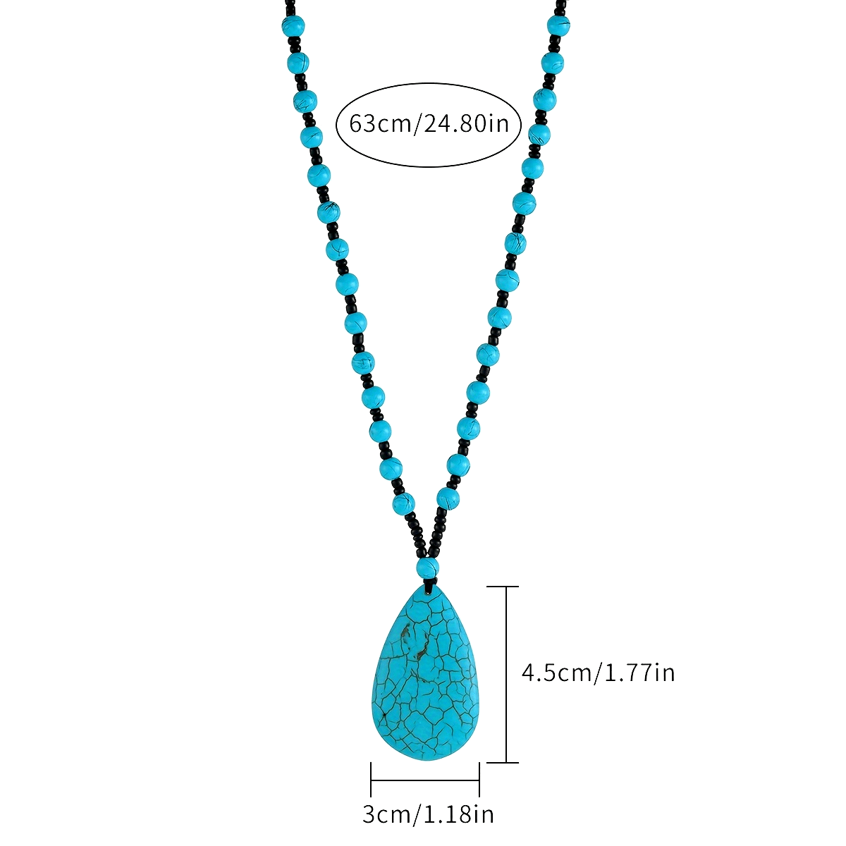 Boho Turquoise Teardrop Pendant Necklace with Beads & Cracked Stone
