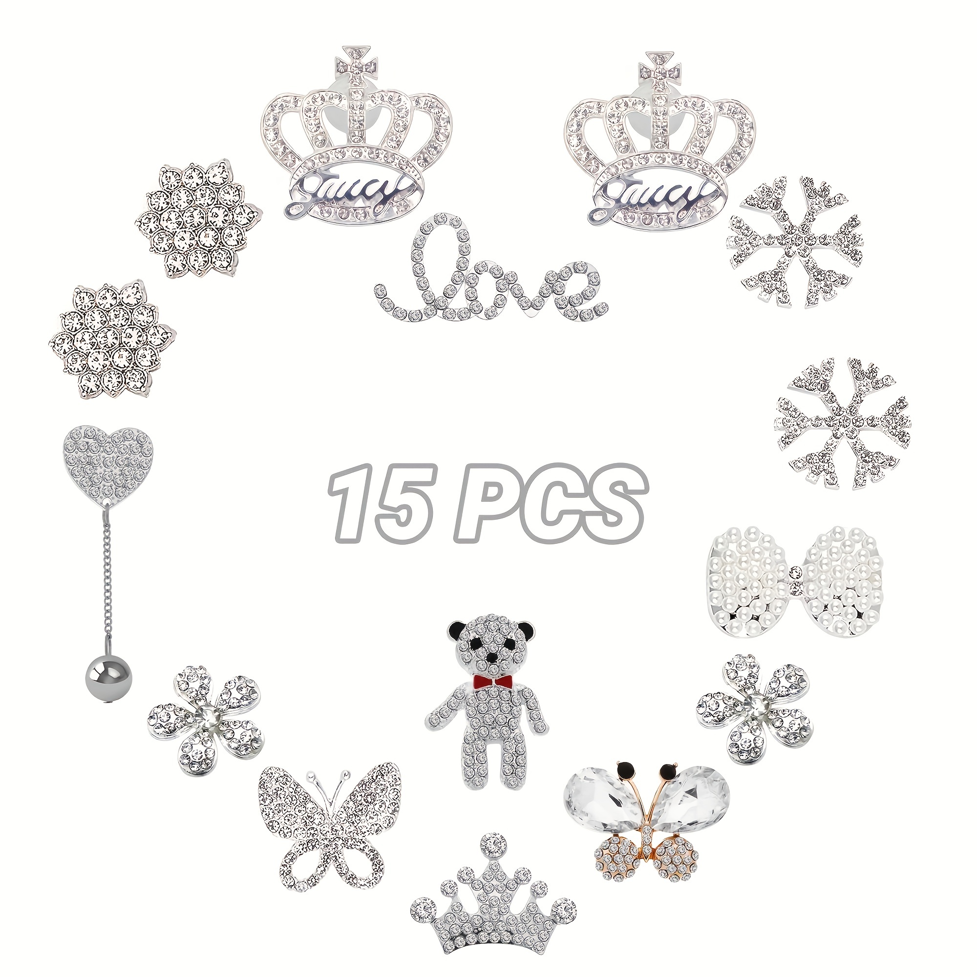 15Pcs Metal Bling Crystal Rhinestone Shoe Charms, Shining Clog Sandals Decorations For Birthday Christmas Party Gifts
