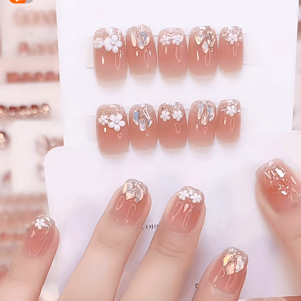 30pcs glossy   on nails with floral glitter designs extra short   reusable   nails with rhinestones for women   nail art nail accessories details 1