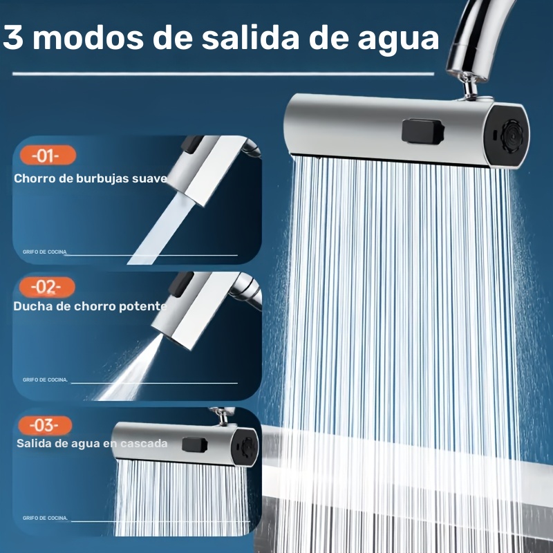 1 grifo de cocina] 1 grifo moderno para cocina con salida de agua en cascada giratoria 360° 3 en 1, ahorrador de agua, 3 modos de flujo | Acabado pulido, extensión para aumentar la presión, boquilla antiespuma, grifo para cocina de RV, grifo para lavabo de cocina