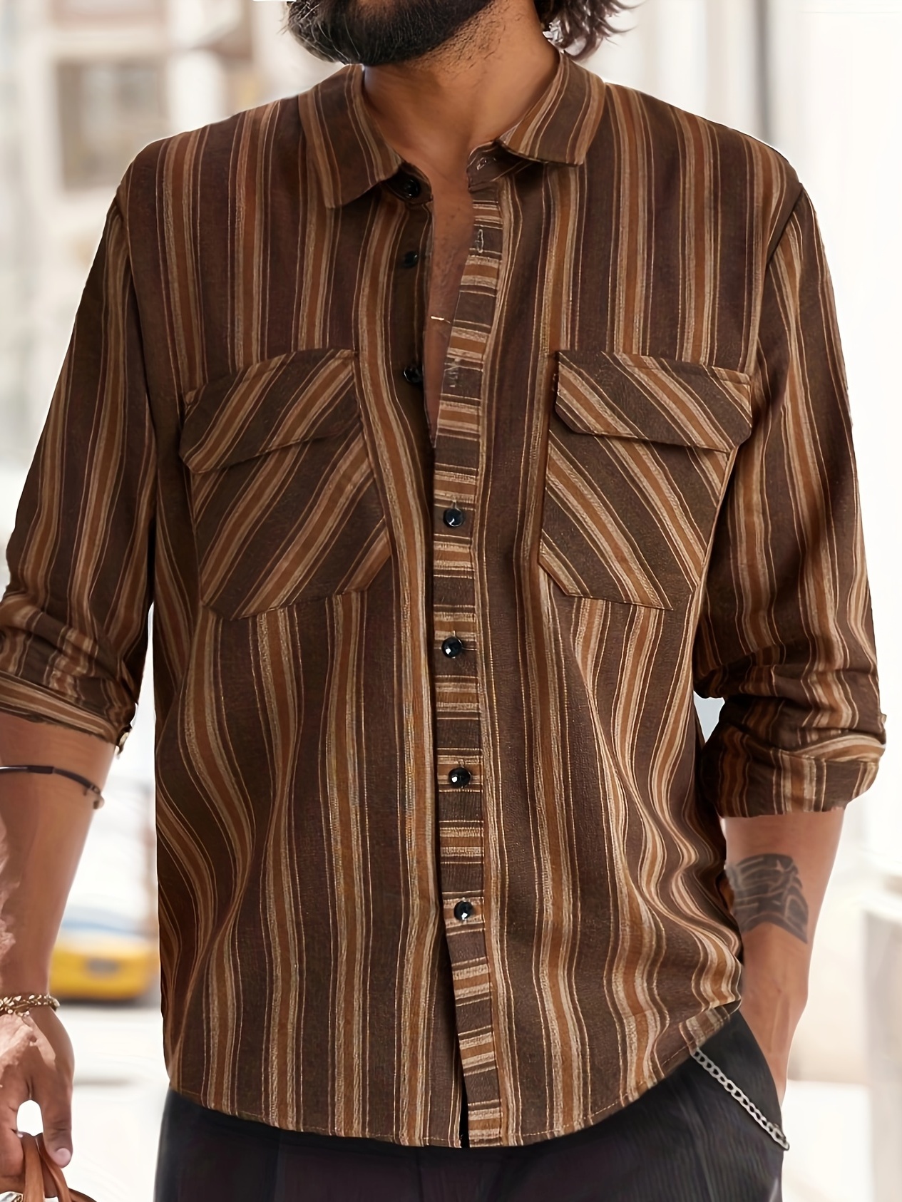 Men'S Casual Striped Button-Up Shirt with Chest Pocket - Classic Collar Regular Fit Long Sleeve for Spring & Fall, Versatile for Casual & Formal Wear, Autumn Apparel, Nonstretch Fabric, Nonelastic Material