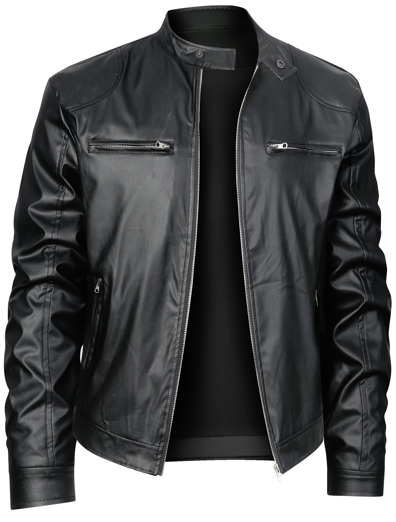 mens pu leather jacket with zippered pockets mens stylish zip up motorcycle jacket for autumn winter black 0