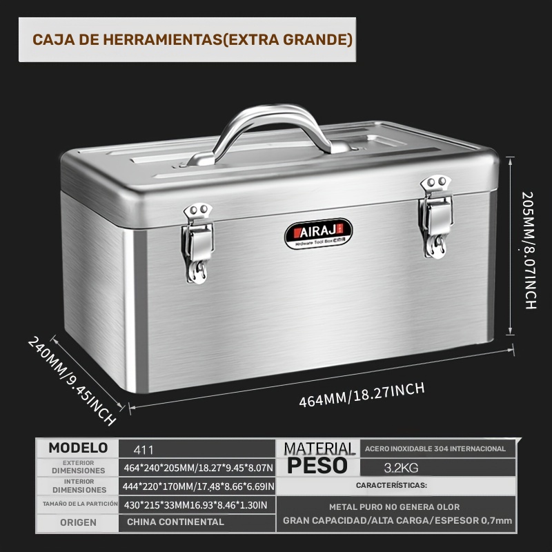 Caja de herramientas de acero inoxidable grado industrial, caja de hierro reforzada, almacenamiento de herramientas de mantenimiento y artículos de ferretería para el hogar