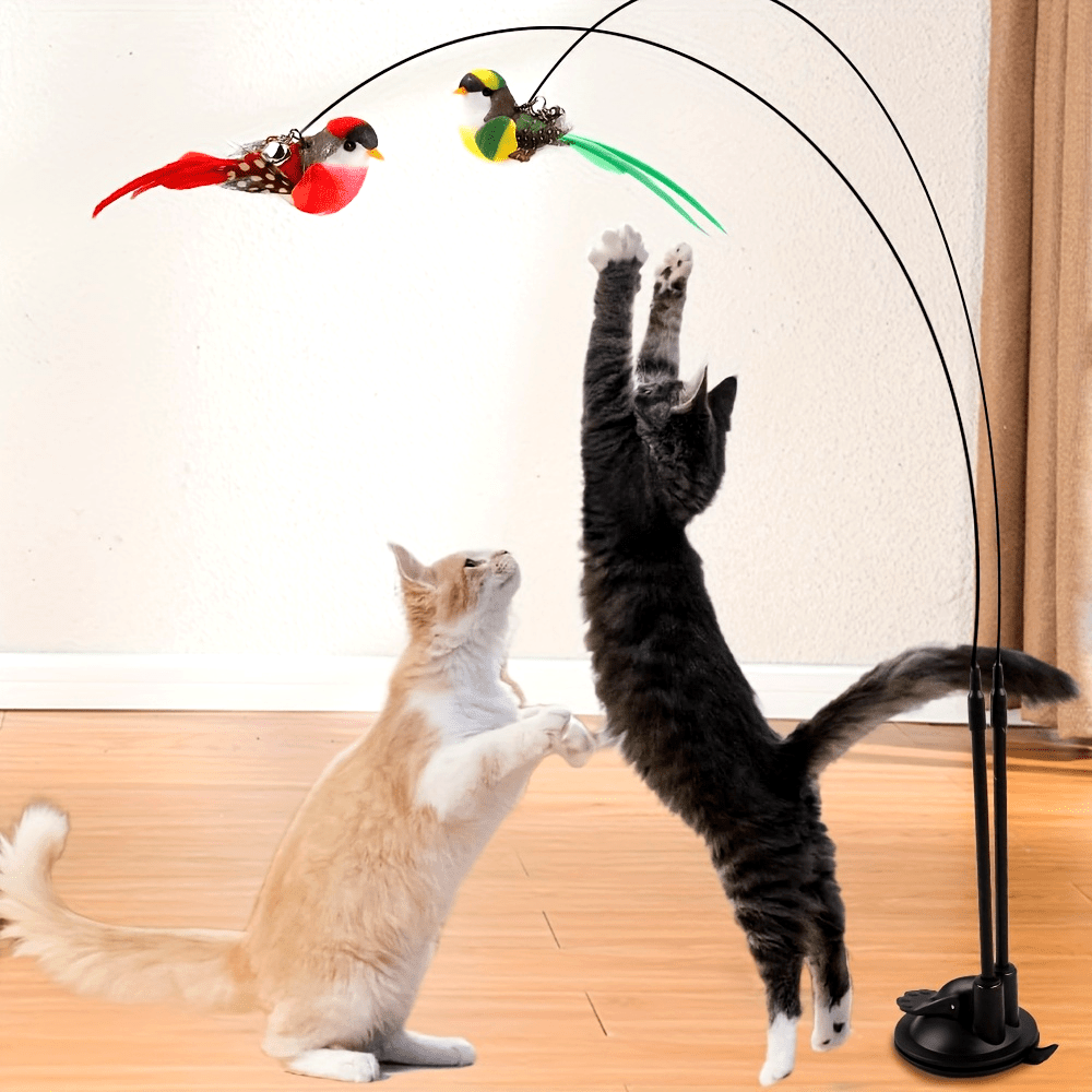 Cat Teaser Wand Toy Set – Simulation Bird Cat Wand with Bell, Long Rod & Strong Suction Cup, Interactive Hunting Exercise Toy for Cats and Kittens — Zaynora Luxury Marketplace