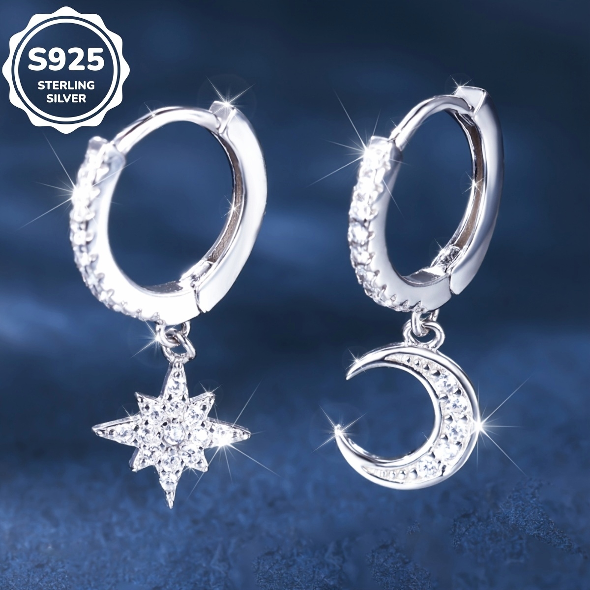 Exquisite 925 Silver Star Oval Earrings with Synthetic Zirconia