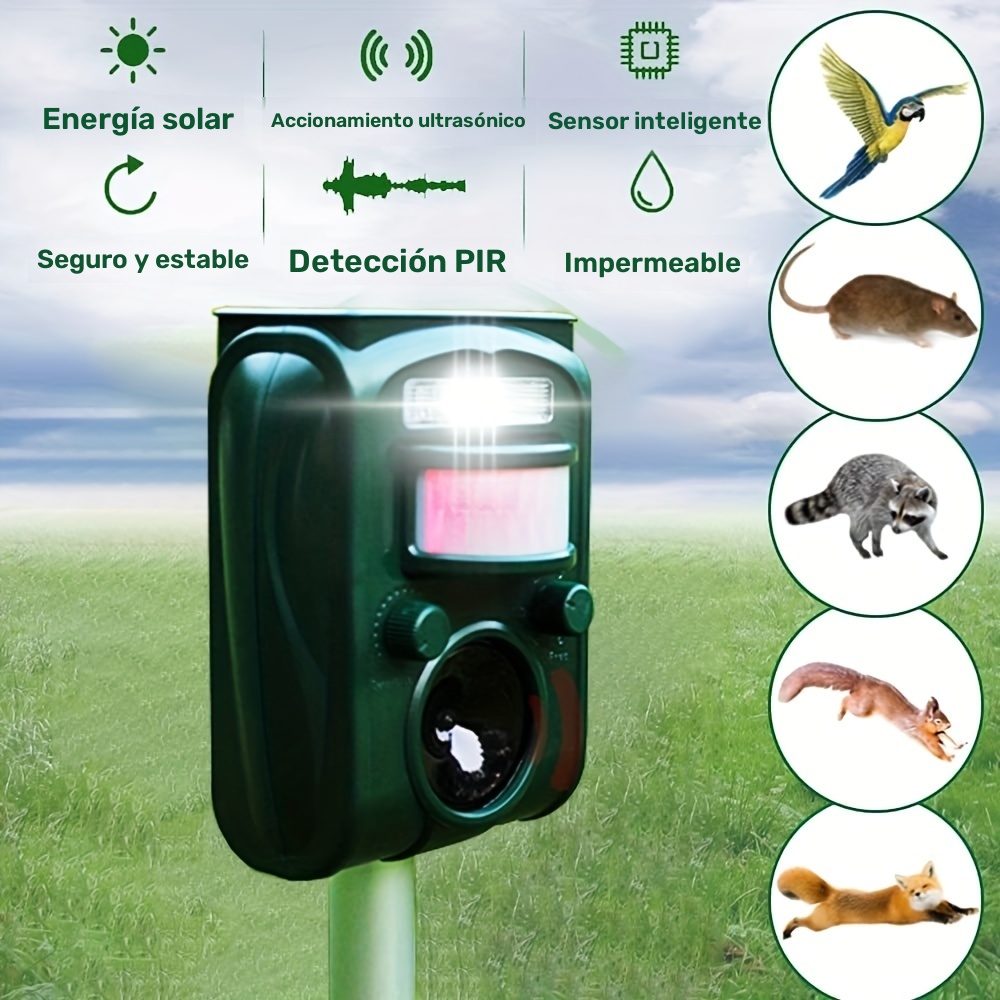 2023 actualización repelente de animales con energía solar y ultrasonido, linterna led con sensor de movimiento - impermeable ip66, repelente para perros, gatos, ardillas, mapaches, zorrillos, conejos, roedores,  ,  , 14.5x4.3x2.1 pulgadas, seguridad exterior | dispositivo con energía solar | repelente impermeable 1