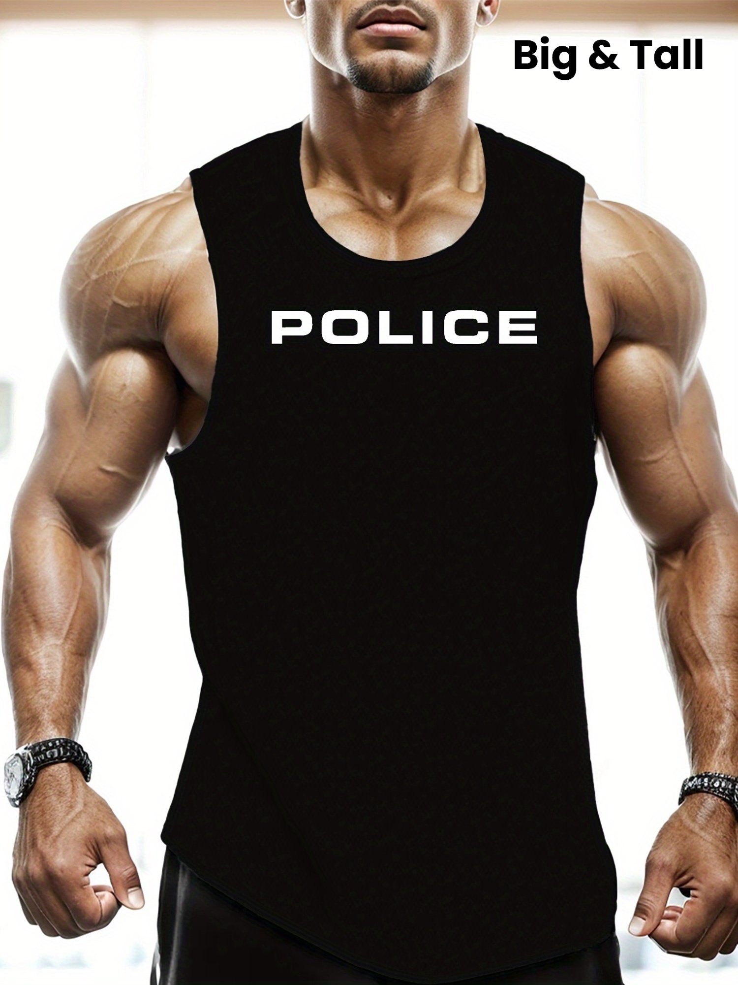 Plus Size Erkek Polis Grafik Baskılı Tank Top, Rahat Moda Kolsuz Tişörtler Spor Fitness, Erkek Giyim