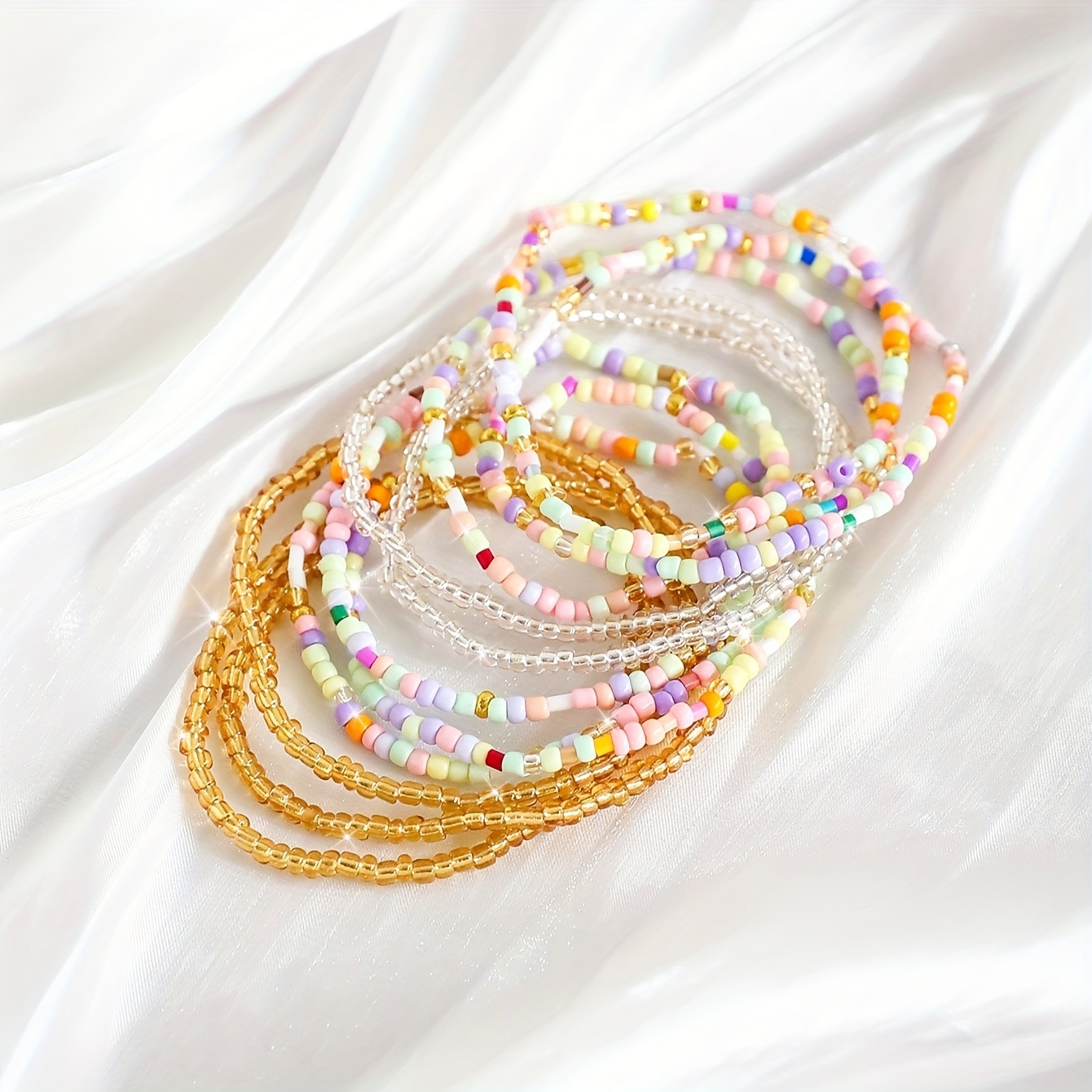 11pcs Glass Material Rice Beads Elastic Rope Bracelet Set