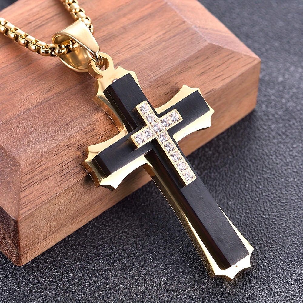 Mens stainless steel multi layer cross pendant necklace