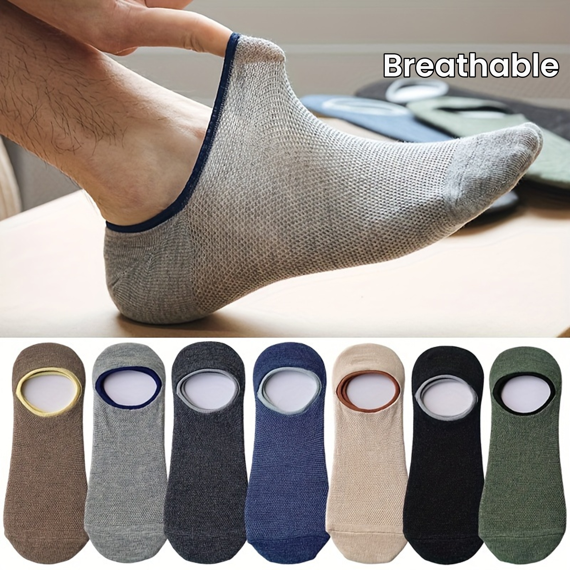 7 pairs of spring and summer invisible thin mesh color matching shallow mouth solid color silicone non slip mens boat socks details 1