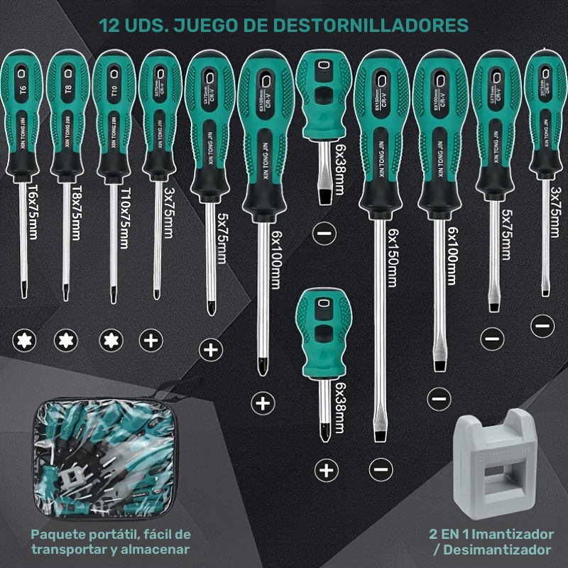 Juego de 12 Destornilladores con Puntas Cruzadas y Planas - Herramientas Duraderas de Metal y Plástico, Mangos en Color Verde Azulado, Estuche Portátil Incluido - Ideal para Proyectos DIY y Mantenimiento del Hogar, Juego de Destornilladores de Precisión