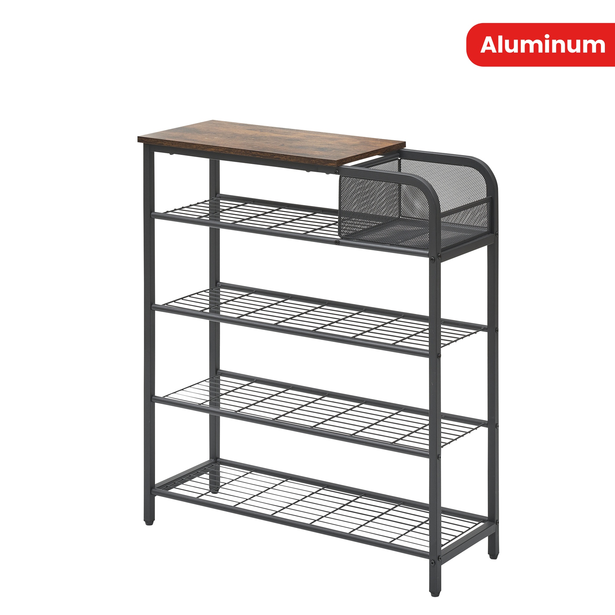 5 tier shoe rack closet organizer free standing storage for 20 25 pairs sturdy wooden top with mesh storage basket ideal for entryway hallway and closet rustic brown   details 1