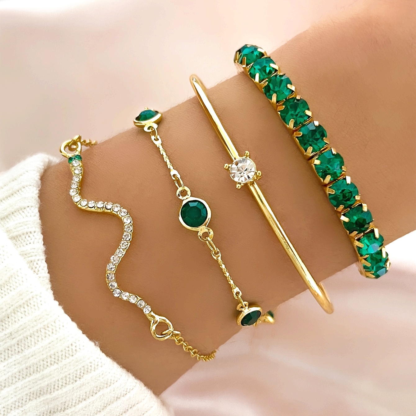 elegant   green   gemstone   claw chain   shaped bracelet open bangle 4pcs set details 1