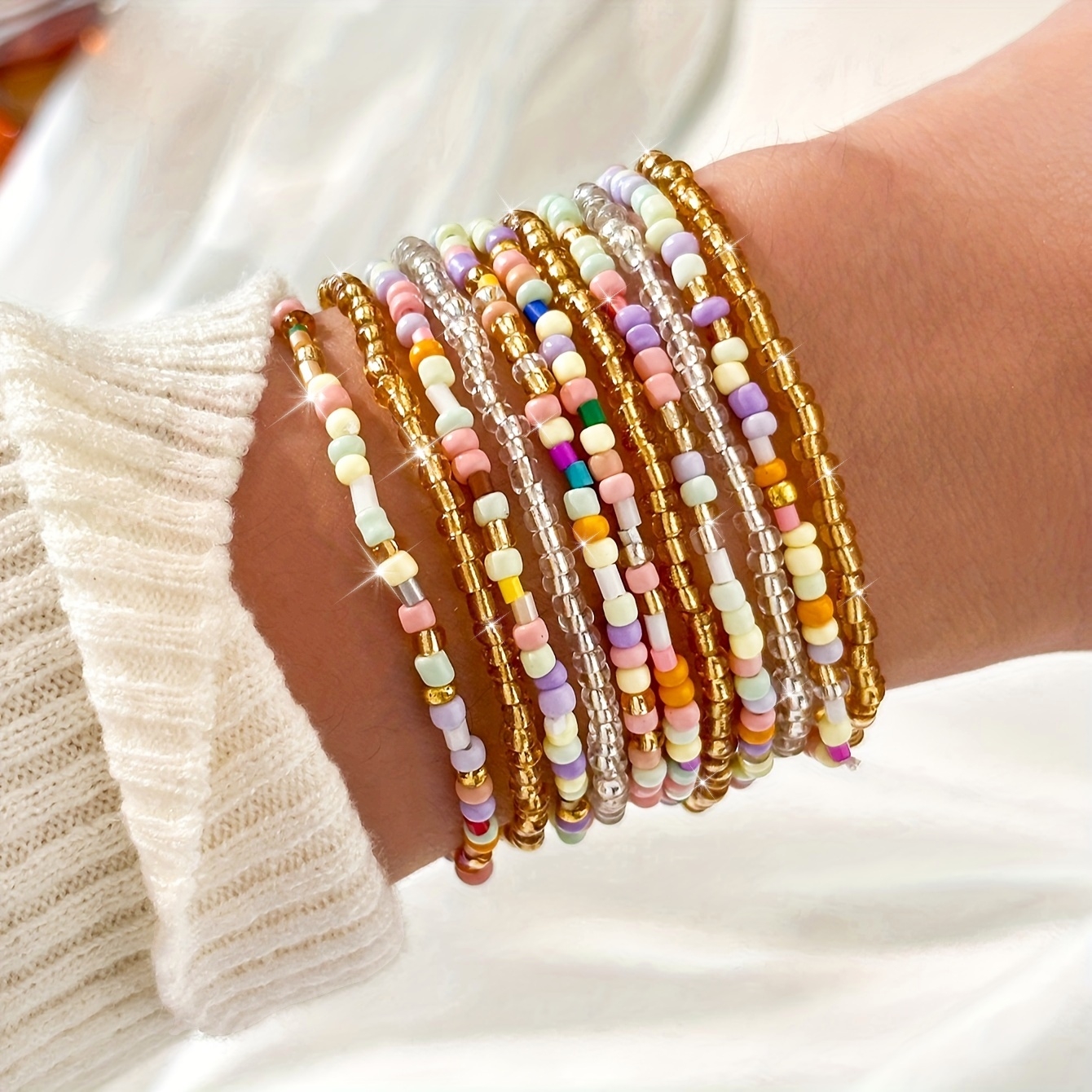 11pcs Glass Material Rice Beads Elastic Rope Bracelet Set